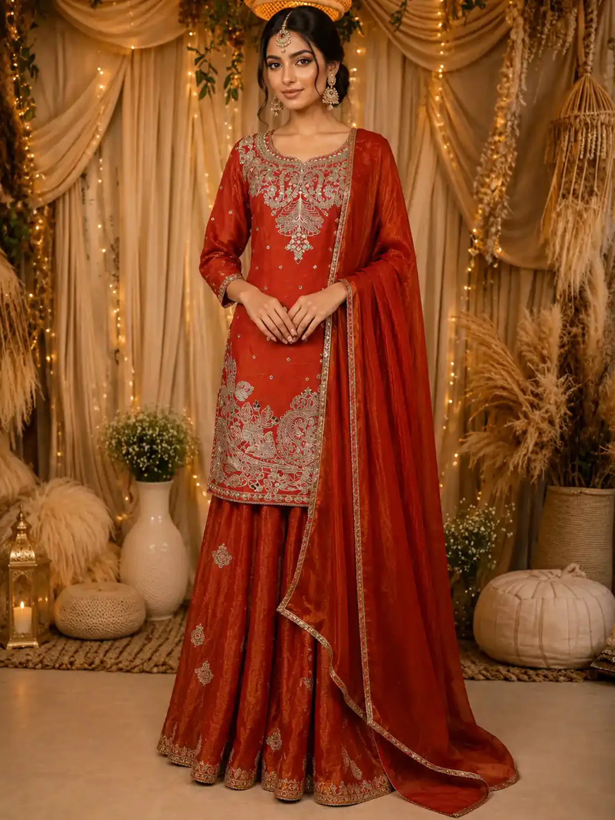 Rust Orange Floral Zari Embroidered Design Tissue Silk Lehenga with Dupatta